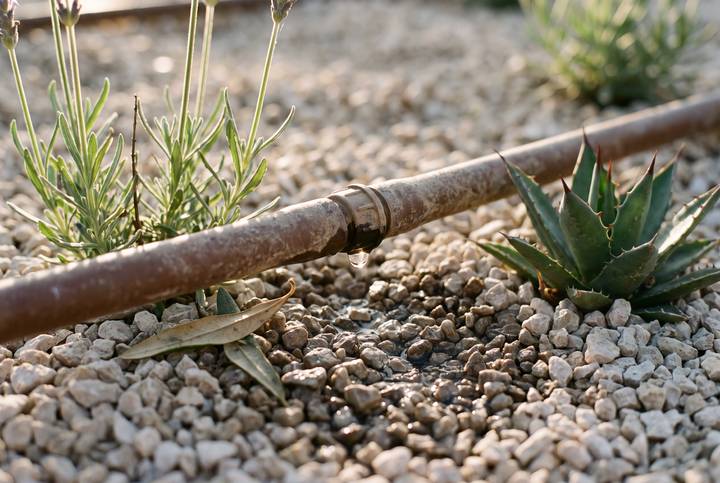 A drip line with a drop of water forming at the emitter, among lavender and gravel.