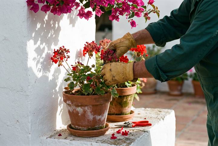 Gloved hands deadheading red geraniums in old terracotta pots on a whitewashed step, bougainvillea above.