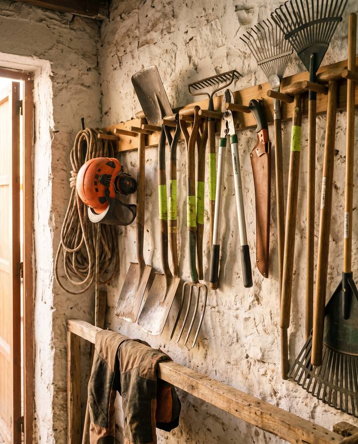 Well-used spades, forks, loppers and rakes on a timber rack against a whitewashed wall, with a coil of climbing rope and an orange helmet on pegs.