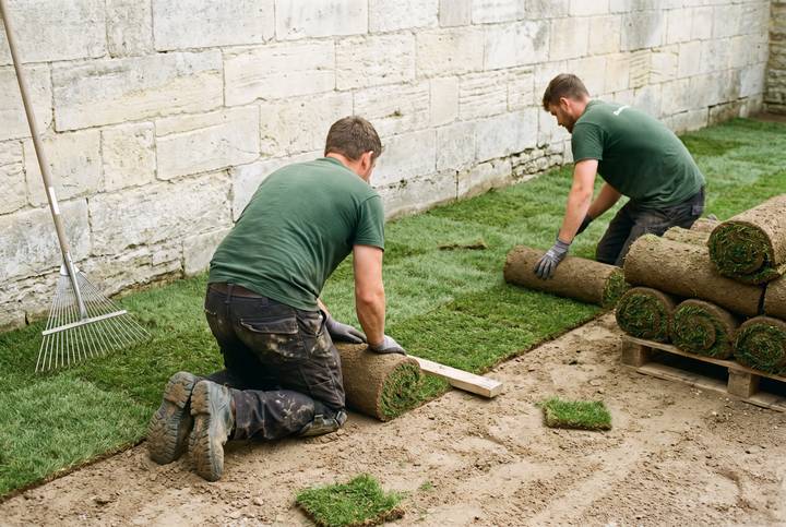 Two landscapers laying rolls of fresh turf beside a pale limestone wall, one kneeling on a board pressing the seams tight.